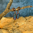 13 x 5mm Australian opal doublet earrings in rose gold-plated silver, violet, red, green and blue