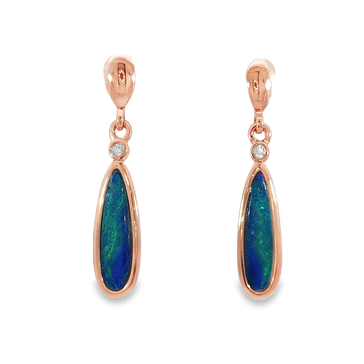15 x 5mm pear-shaped Australian opal doublet earrings in rose gold-plated silver