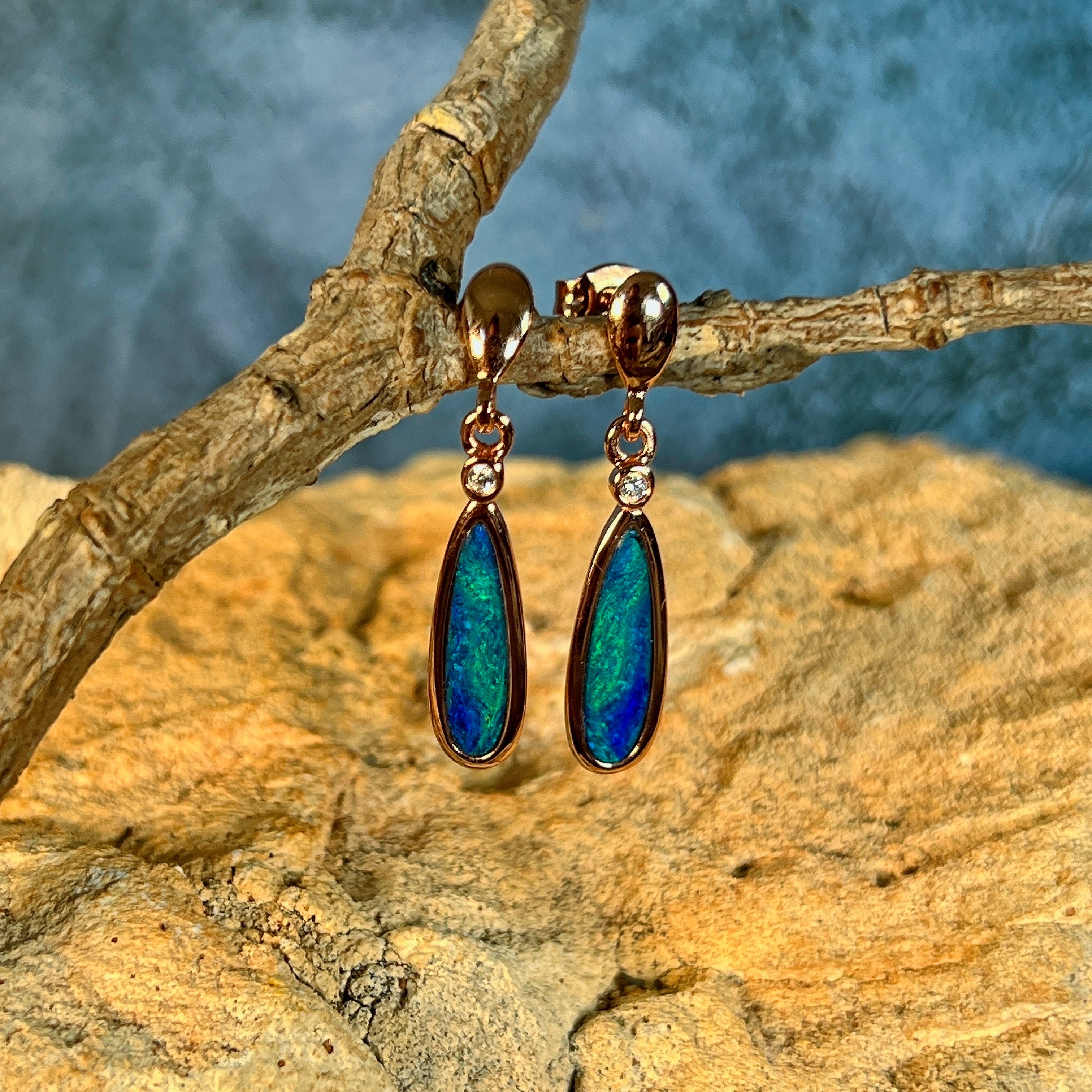 rose gold-plated silver Australian opal doublet earrings with 15 x 5mm pear-shaped stones