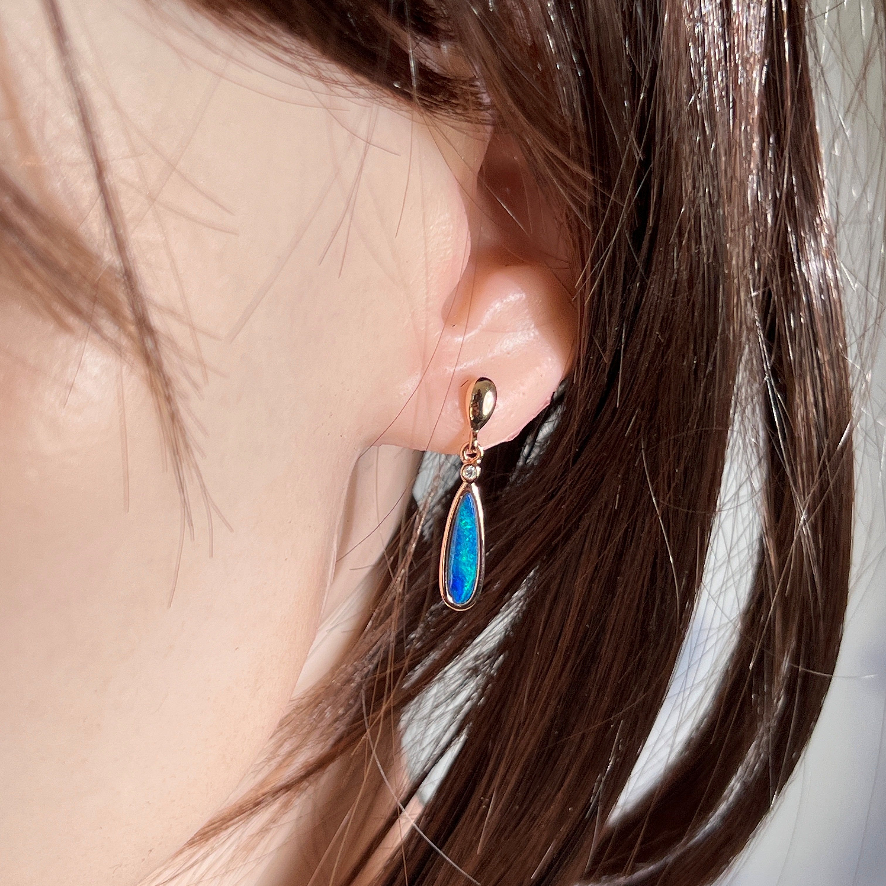 Australian opal doublet earrings worn on the ear, rose gold-plated silver, 15 x 5mm pear-shaped stones