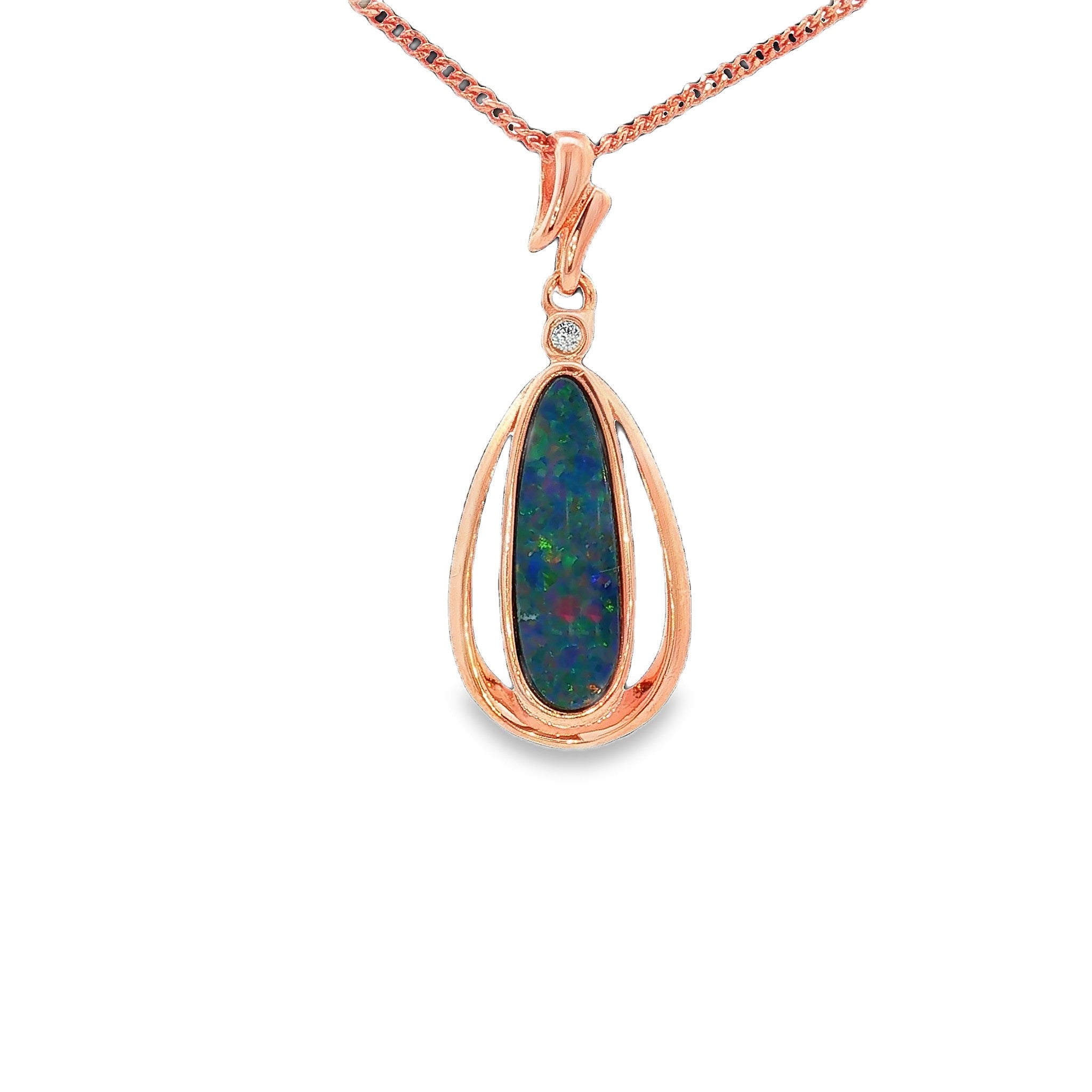16.5 x 5.5mm pear-shaped Australian opal doublet pendant in rose gold-plated silver