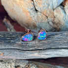 10 x 8mm Australian opal doublet earrings in rose gold-plated silver, red, blue and green