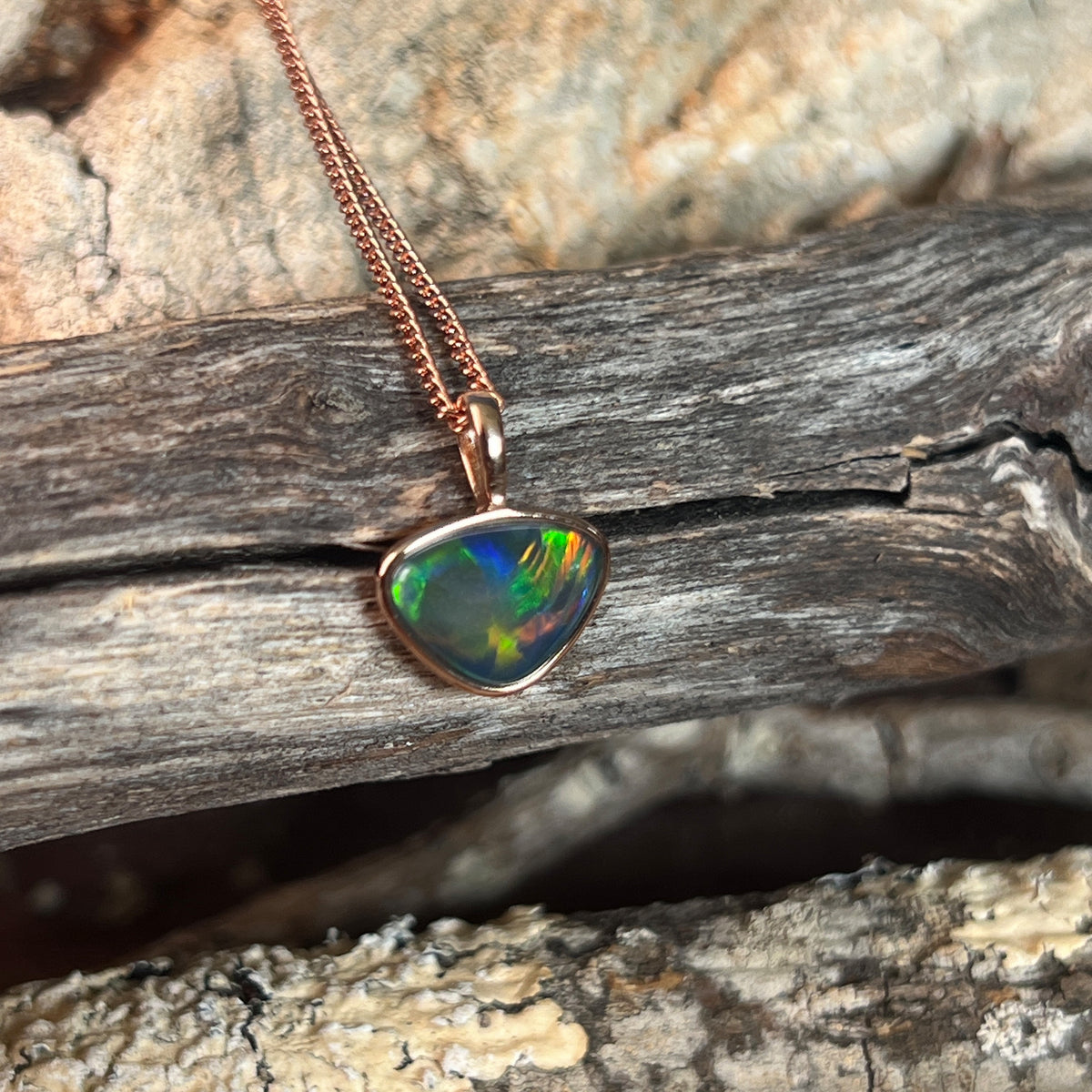 rose gold-plated silver Australian opal triplet pendant with a 9 x 11mm freeform stone