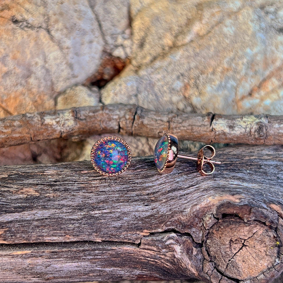 7mm Australian opal triplet earrings in rose gold-plated silver, red, blue and green