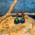 Australian opal triplet earrings, rose gold-plated silver, 12.5 x 10.5mm stones showing blue and green