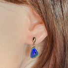 Worn Australian opal triplet earrings in rose gold-plated silver, blue and green, 12.5 x 10.5mm