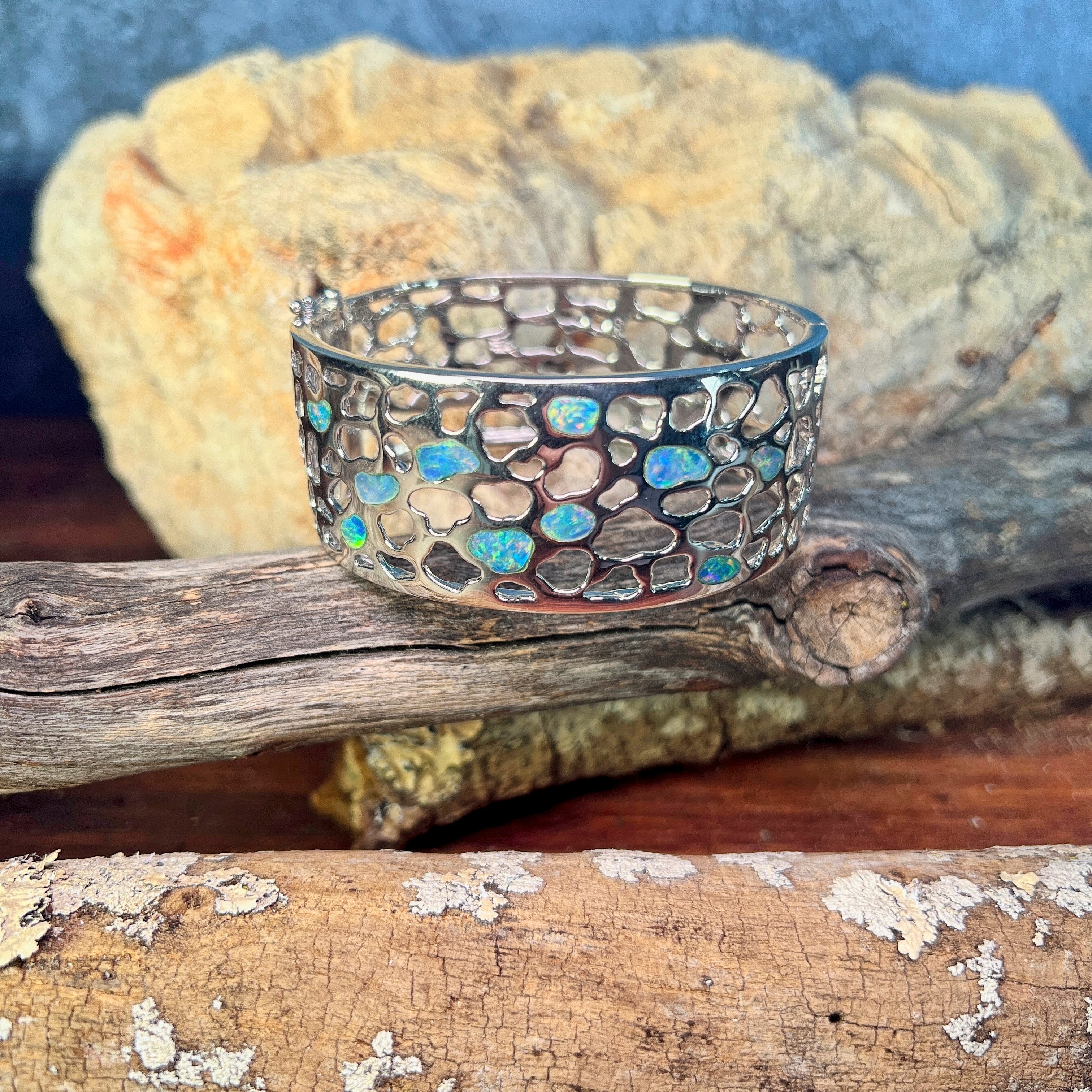 Sterling silver 26mm wide inlay bangle set with Australian opal