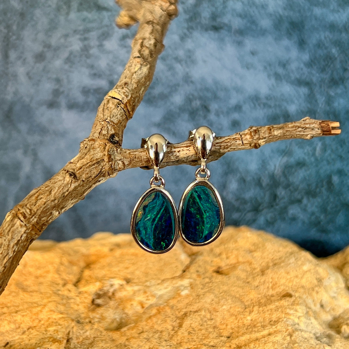 Australian opal doublet earrings, sterling silver, 12 x 8mm stones showing red, pink, blue and green
