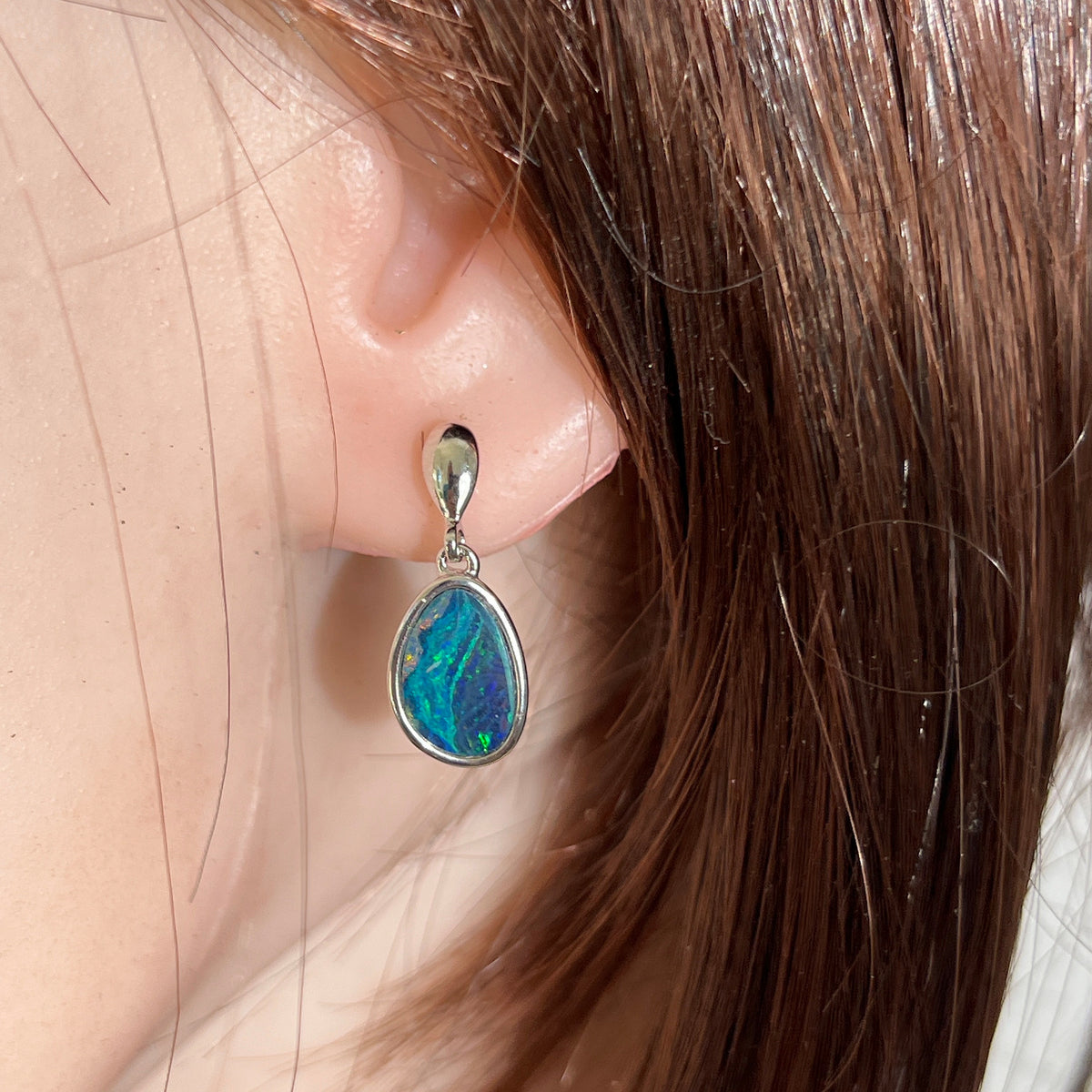 12 x 8mm freeform Australian opal doublet earrings worn on the ear, sterling silver