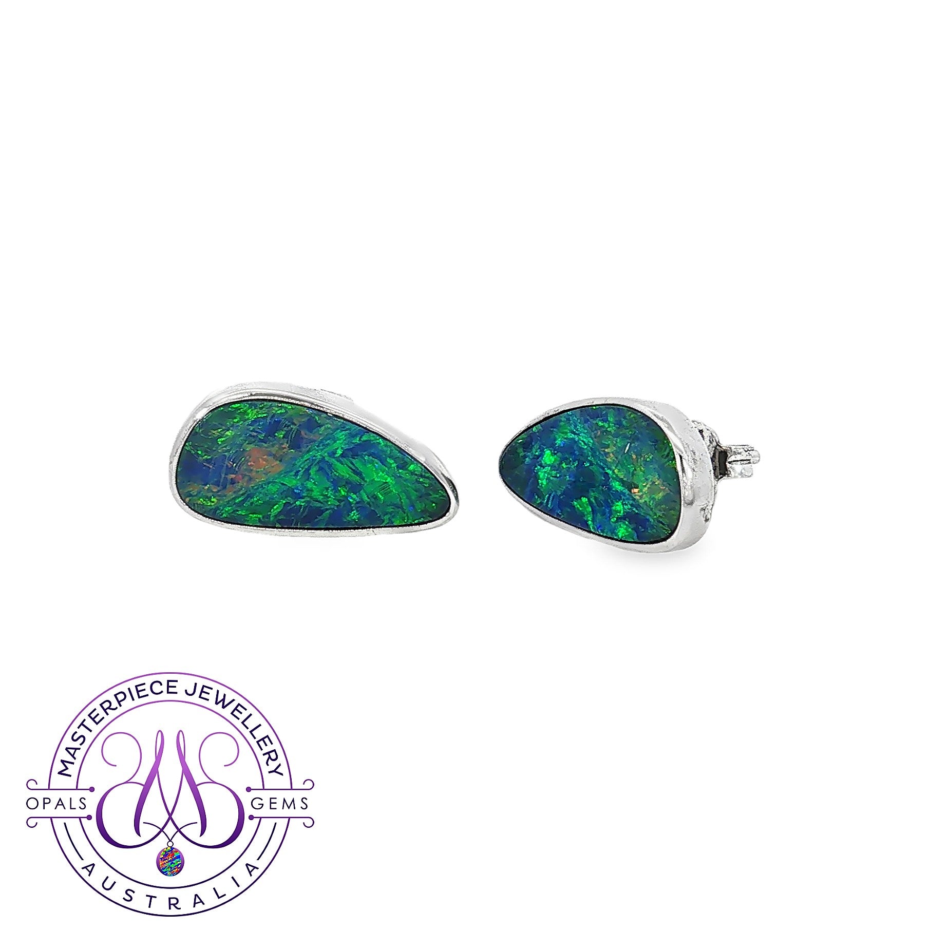 Freeform opal doublet stud earrings in sterling silver with blue and green play-of-colour