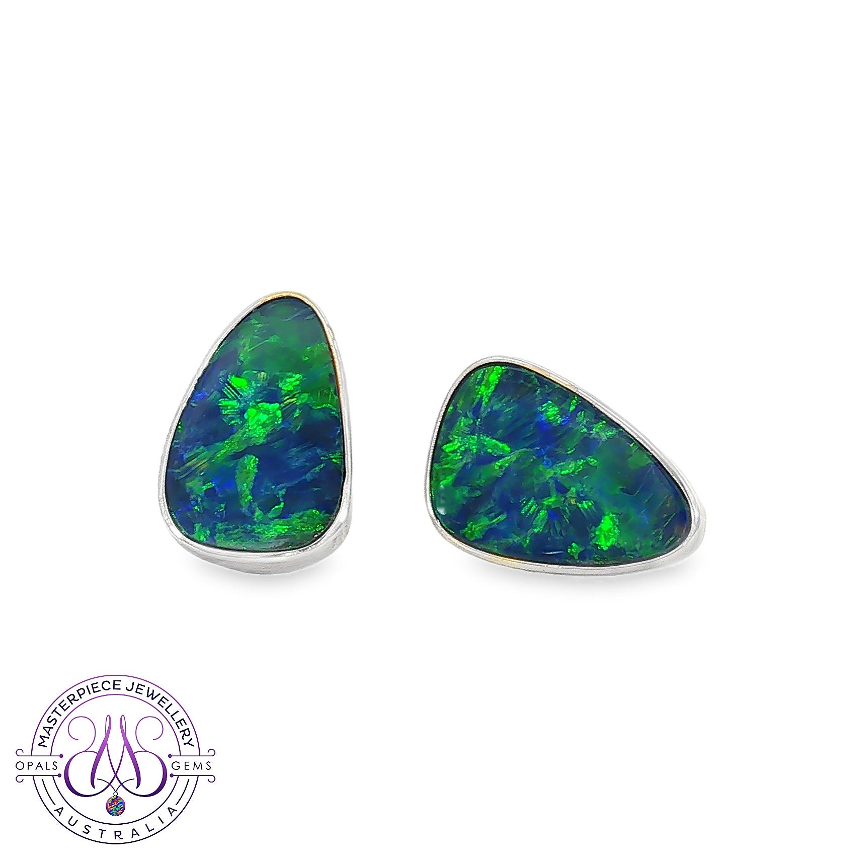 Sterling silver freeform opal doublet stud earrings with deep blue and green play-of-colour