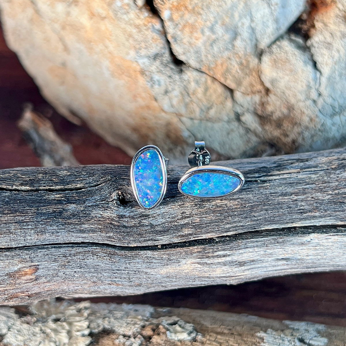 12 x 6mm Australian opal doublet earrings in sterling silver, red, blue, yellow and green