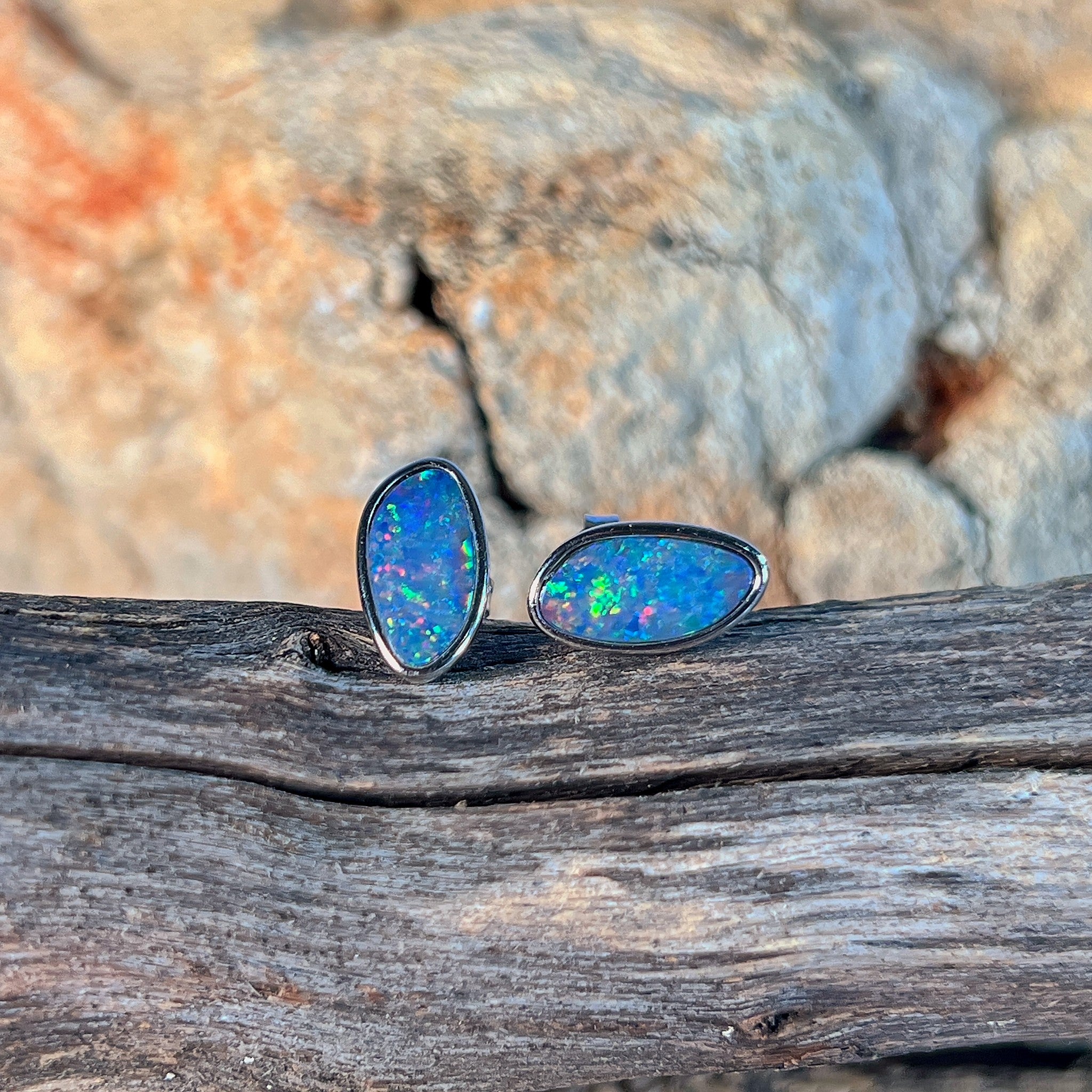 Australian opal doublet earrings, sterling silver, 12 x 6mm stones showing red, blue, yellow and green