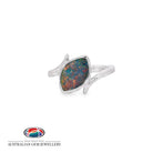 Marquise opal doublet ring in sterling silver in an open crossover setting, showing blue, red and green play of colour
