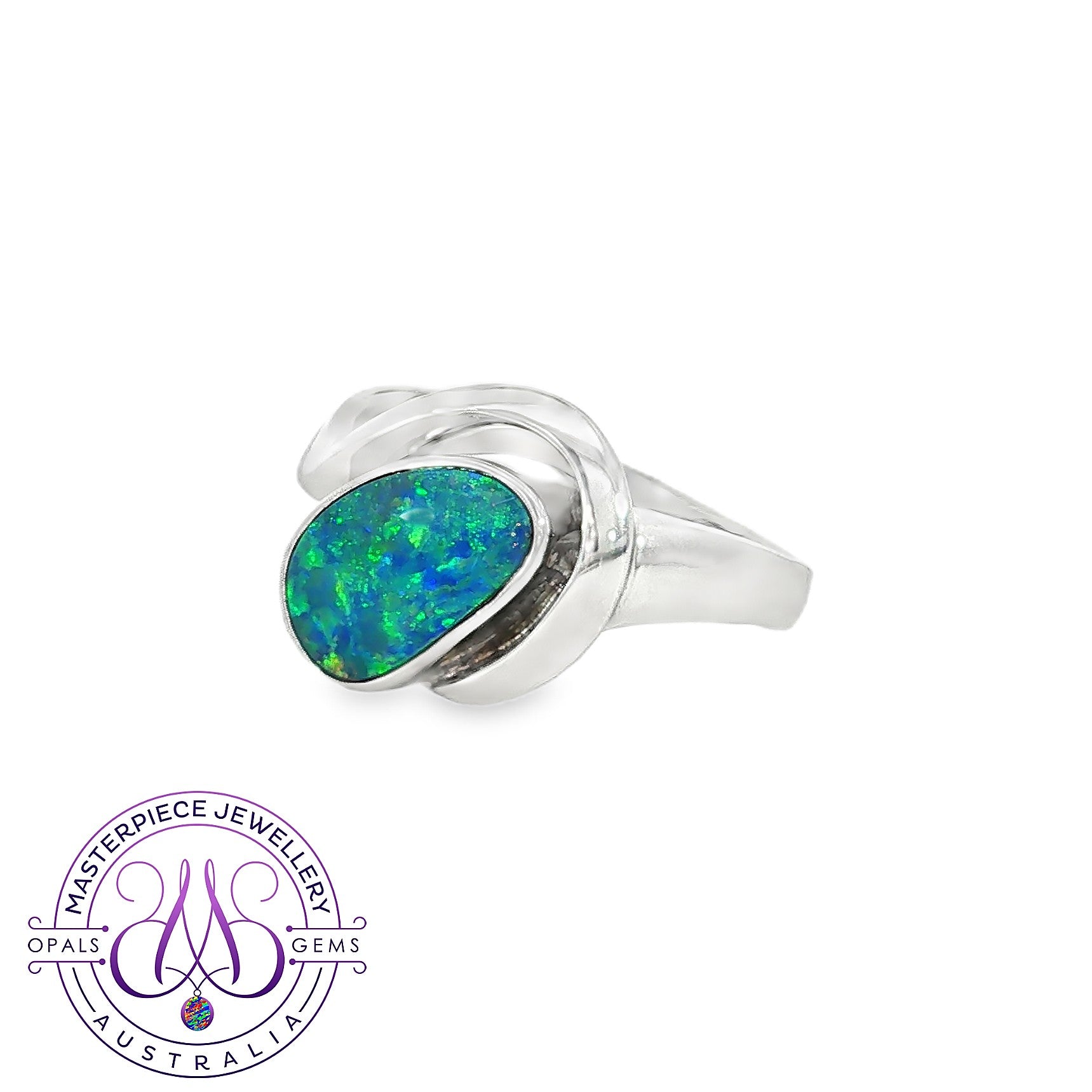 Sterling silver bypass solitaire ring with an oval opal doublet in green, blue and yellow