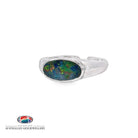 Oval opal doublet set horizontally in a wide sterling silver band, showing yellow, red and green play of colour