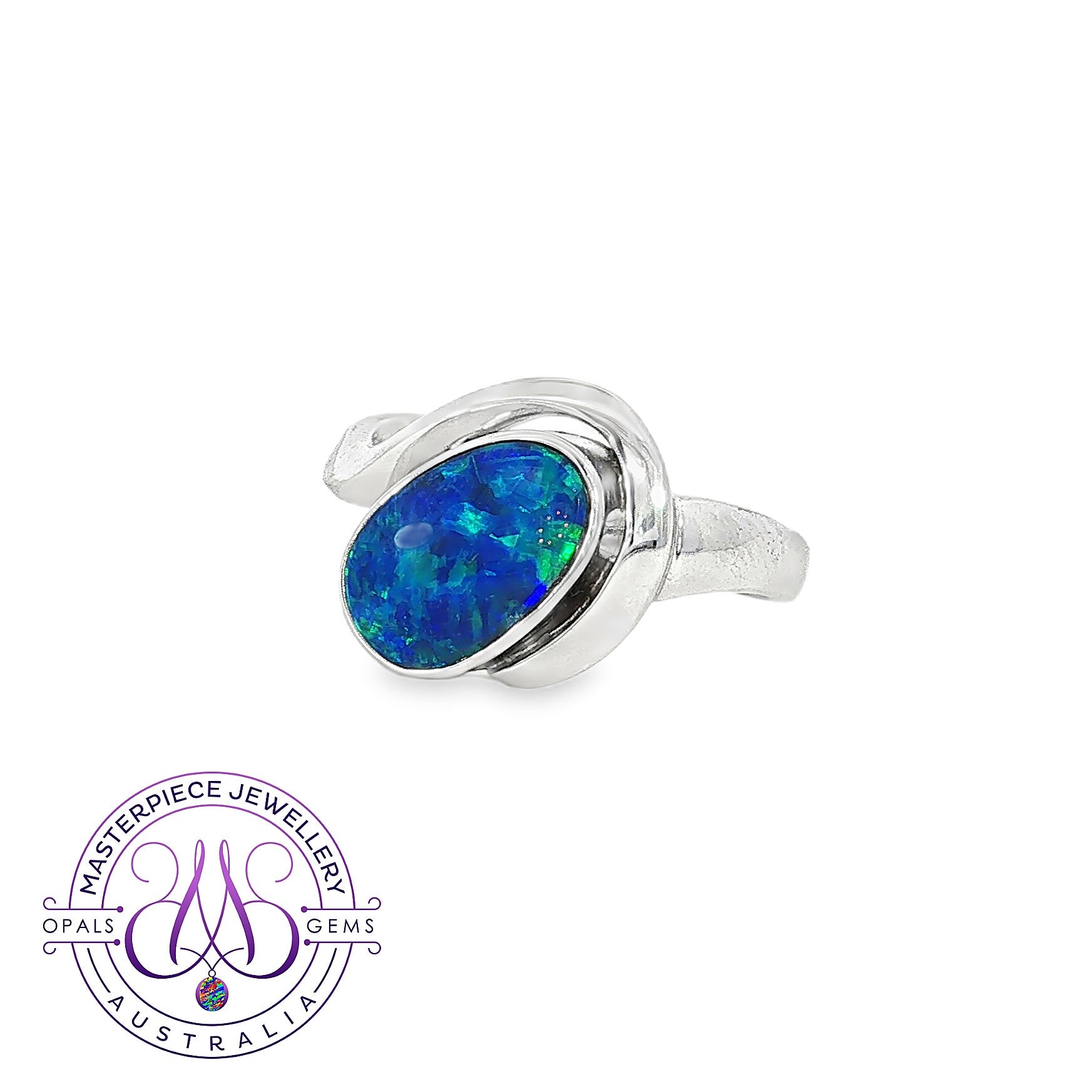 Modern oval opal doublet solitaire ring in sterling silver with deep blue and green colour