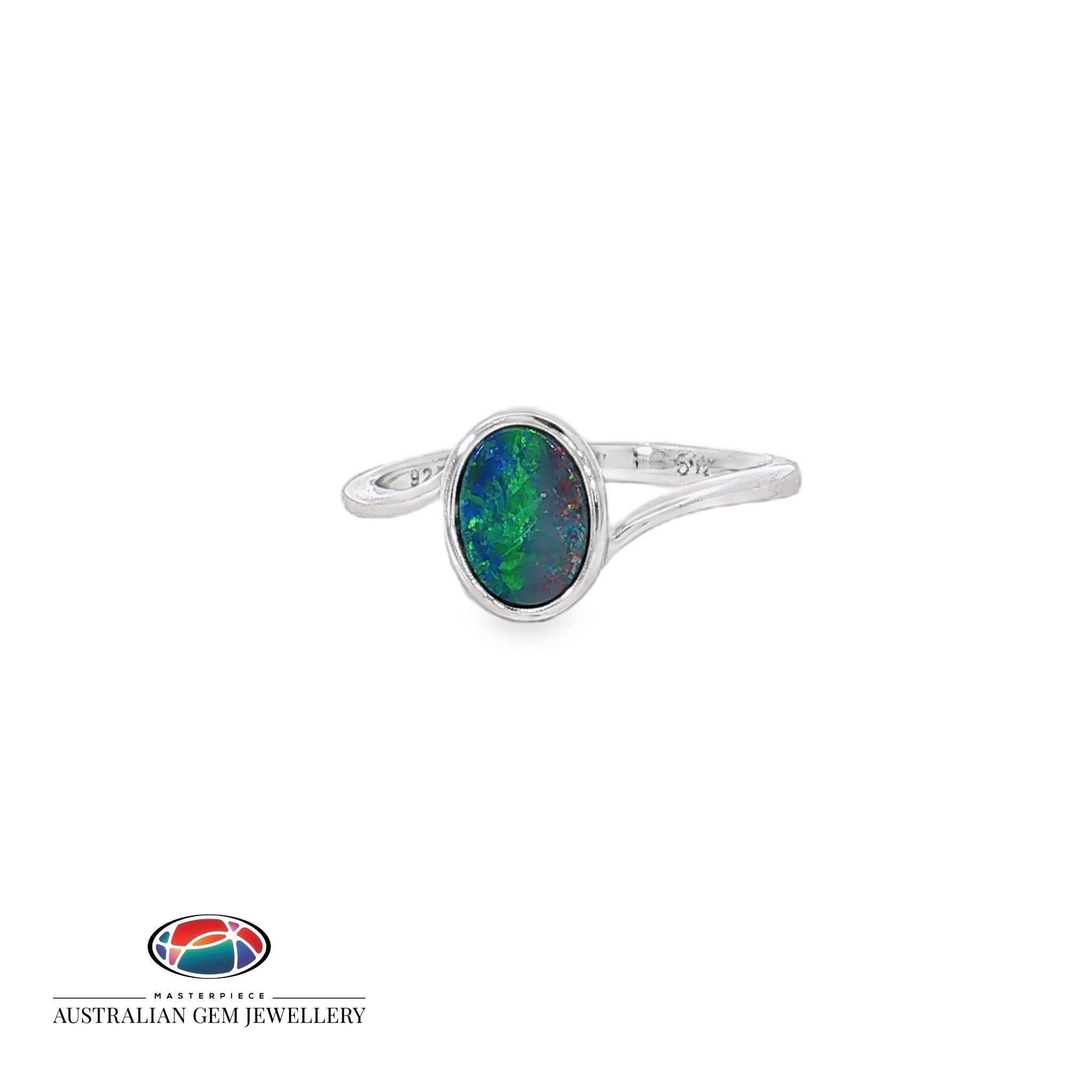 Oval opal doublet bezel-set solitaire ring on a curved sterling silver shank, showing blue, red and green play of colour
