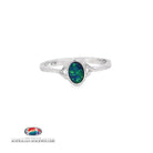 Oval opal doublet bezel-set solitaire ring in sterling silver, showing green and black play of colour