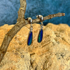 blue and green play-of-colour in 15 x 5mm pear-shaped Australian opal doublet earrings