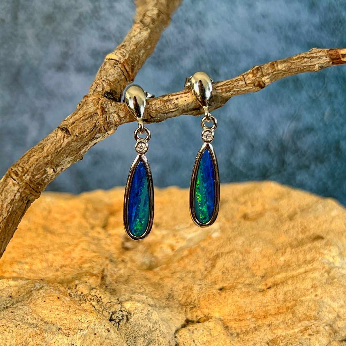 15 x 5mm Australian opal doublet earrings in sterling silver, blue and green
