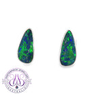 Pear-shaped opal doublet bezel stud earrings in sterling silver with blue and green play-of-colour