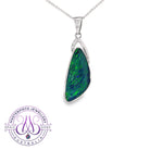 Triangular freeform opal doublet pendant necklace in sterling silver, green and blue