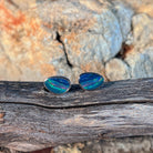 triangular Australian opal doublet earrings in sterling silver, red, blue and green play-of-colour