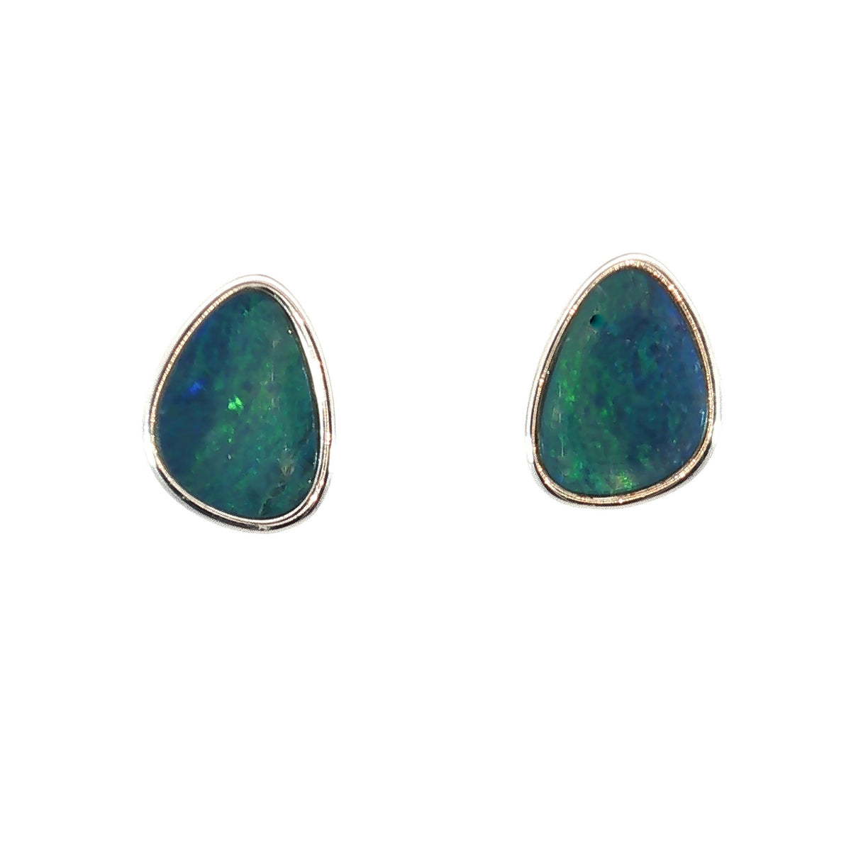 10 x 8mm triangular Australian opal doublet earrings in sterling silver