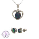 Sterling silver heart-shaped opal triplet pendant and earring set with 10x8mm oval opals