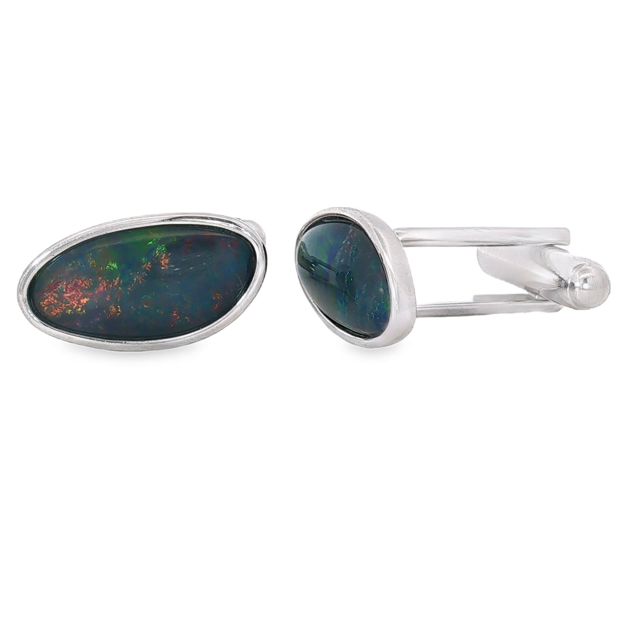 Pair of freeform opal triplet cufflinks in sterling silver, showing red, orange, yellow and green play of colour