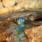 freeform Australian opal triplet ring in sterling silver, yellow, red, blue and green play-of-colour