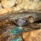 oval Australian opal triplet ring in sterling silver, red, blue and green play-of-colour