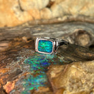 rectangular Australian opal triplet ring in sterling silver, blue and green play-of-colour