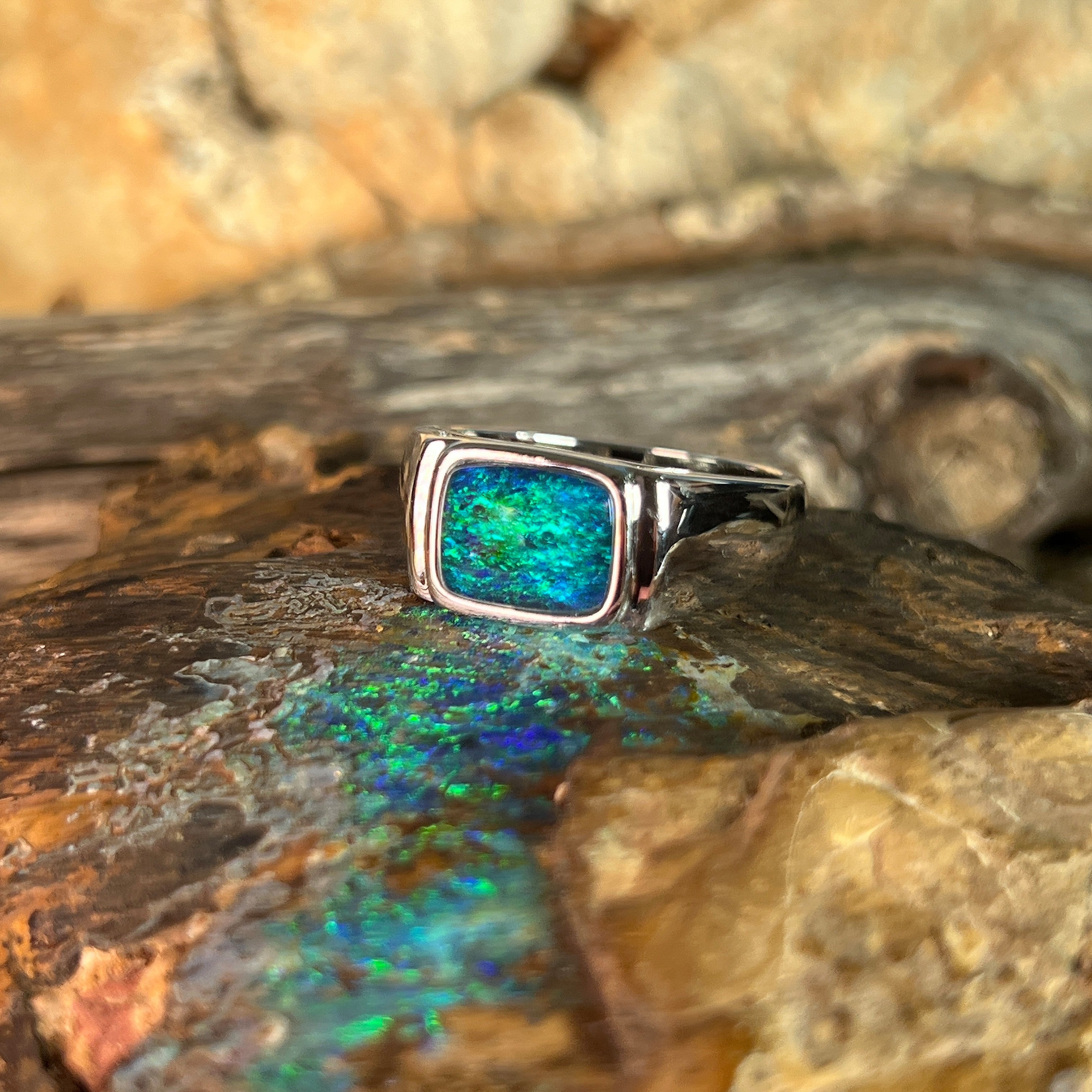 rectangular Australian opal triplet ring in sterling silver, blue and green play-of-colour