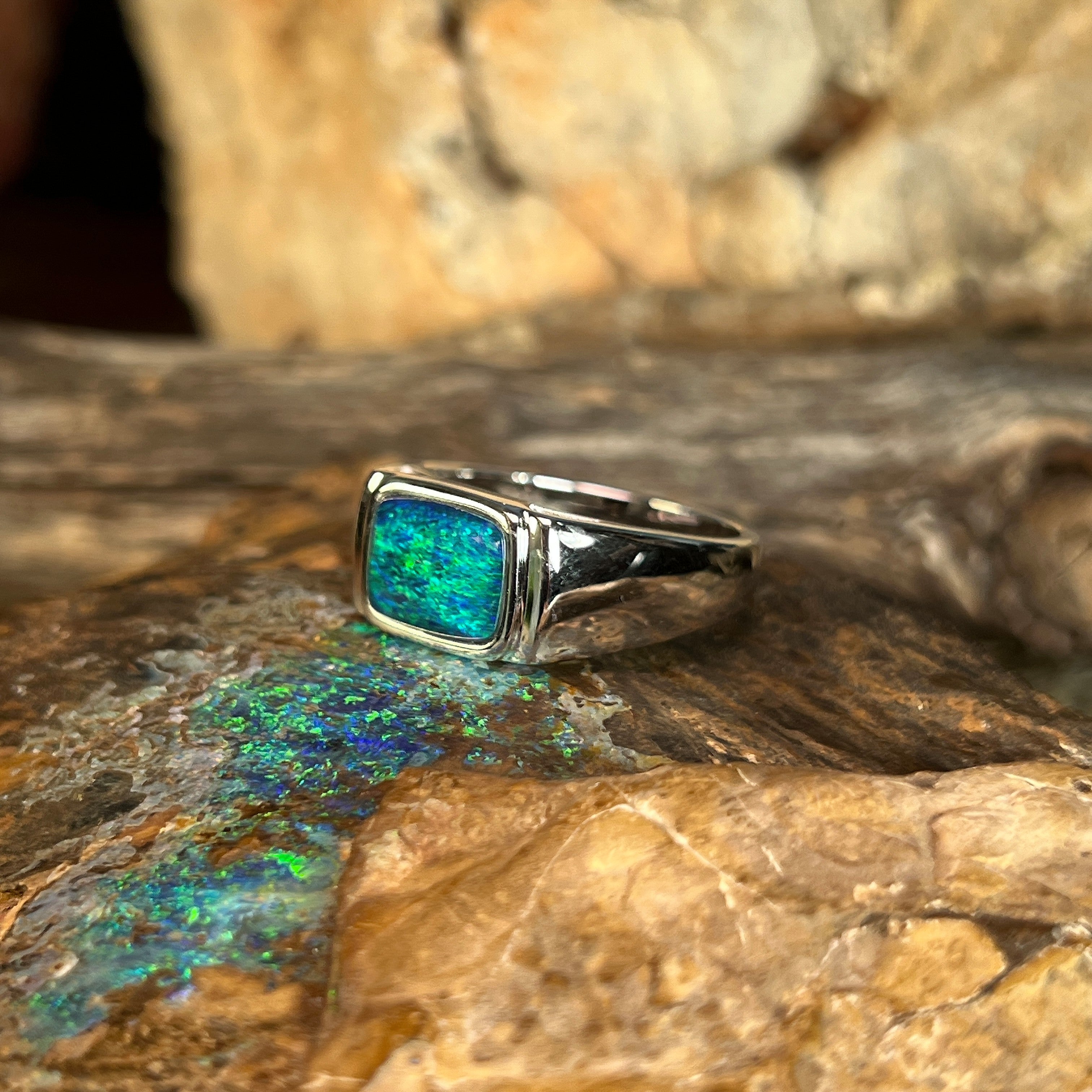 sterling silver Australian opal triplet ring with a 11 x 8mm rectangular stone