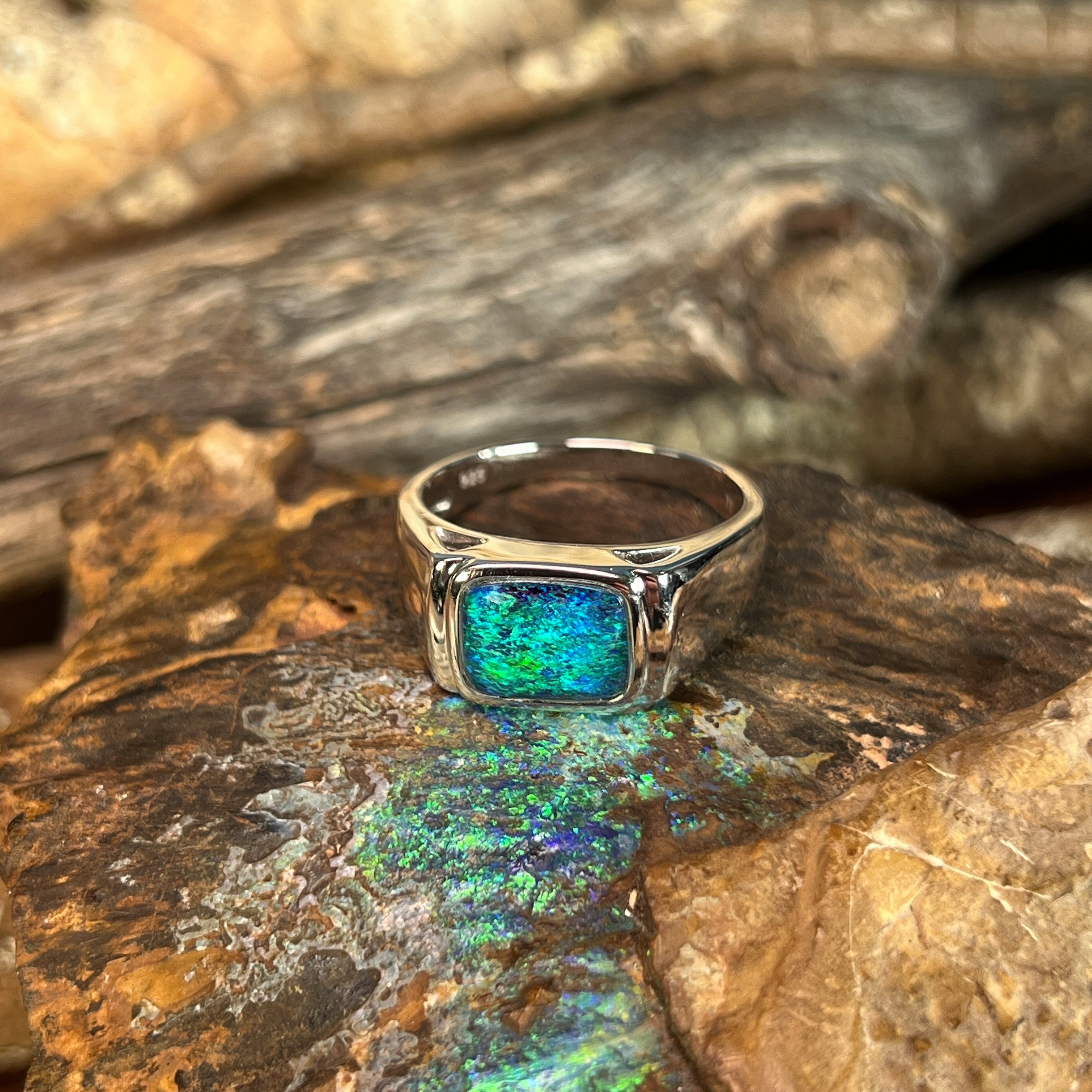 Australian opal triplet ring in sterling silver, rectangular stone, ring size US 11