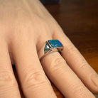 Australian opal triplet ring in sterling silver worn, rectangular stone, size US 11