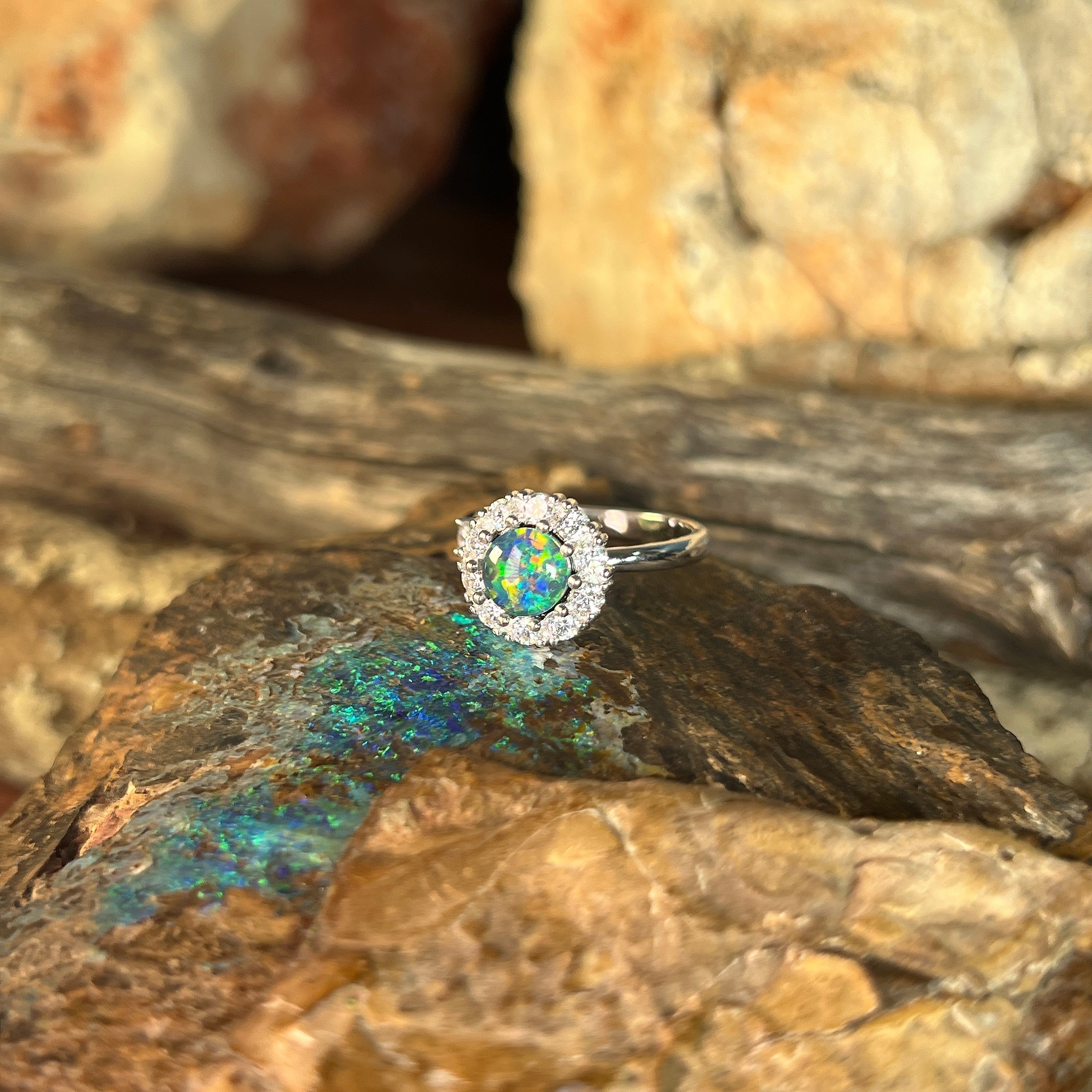 7mm Australian opal triplet ring in sterling silver, blue and green