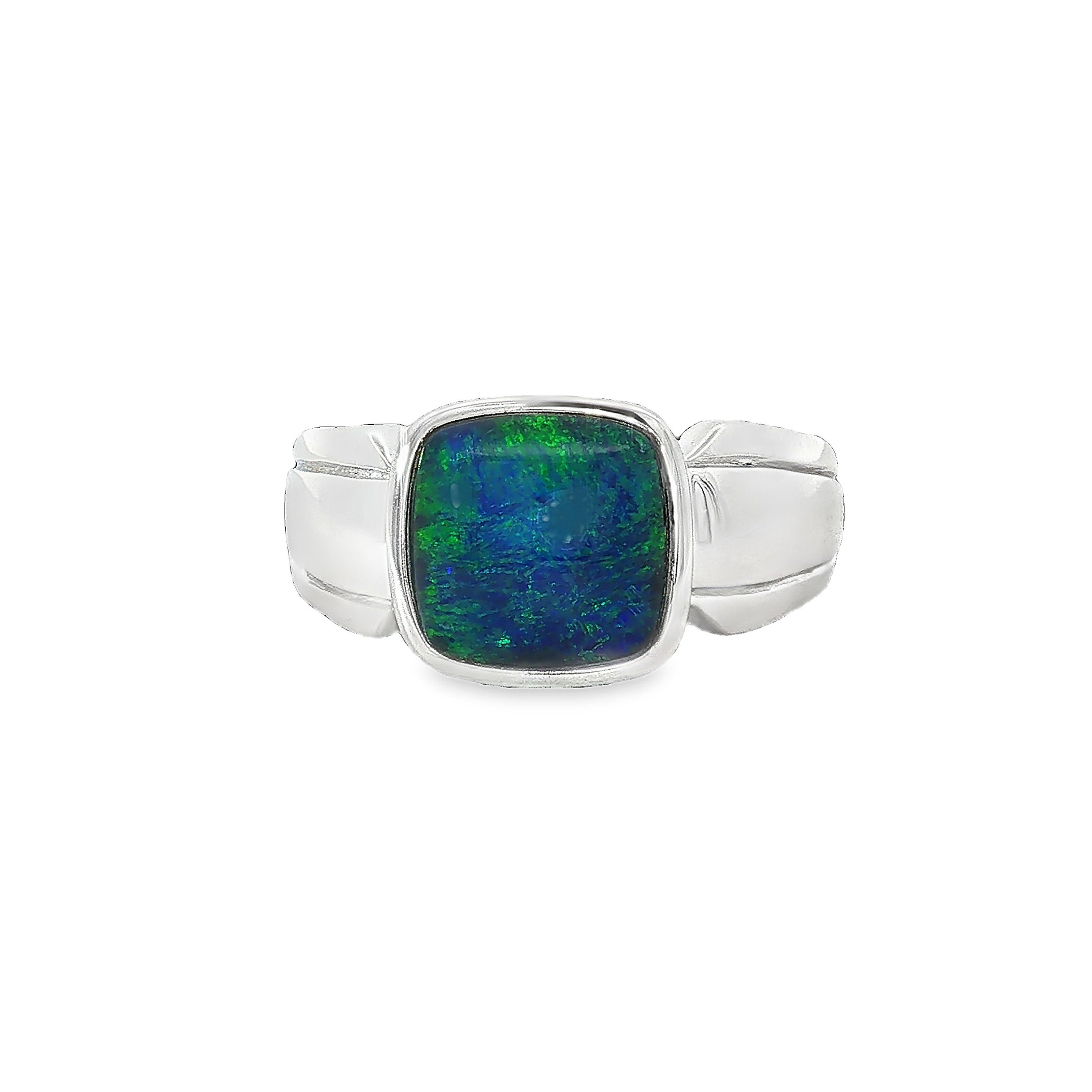 10 x 10mm cushion-shaped Australian opal triplet ring in sterling silver