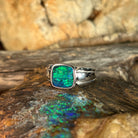 cushion-shaped Australian opal triplet ring in sterling silver, blue and green play-of-colour