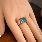 10mm square Australian opal triplet ring on the hand, sterling silver