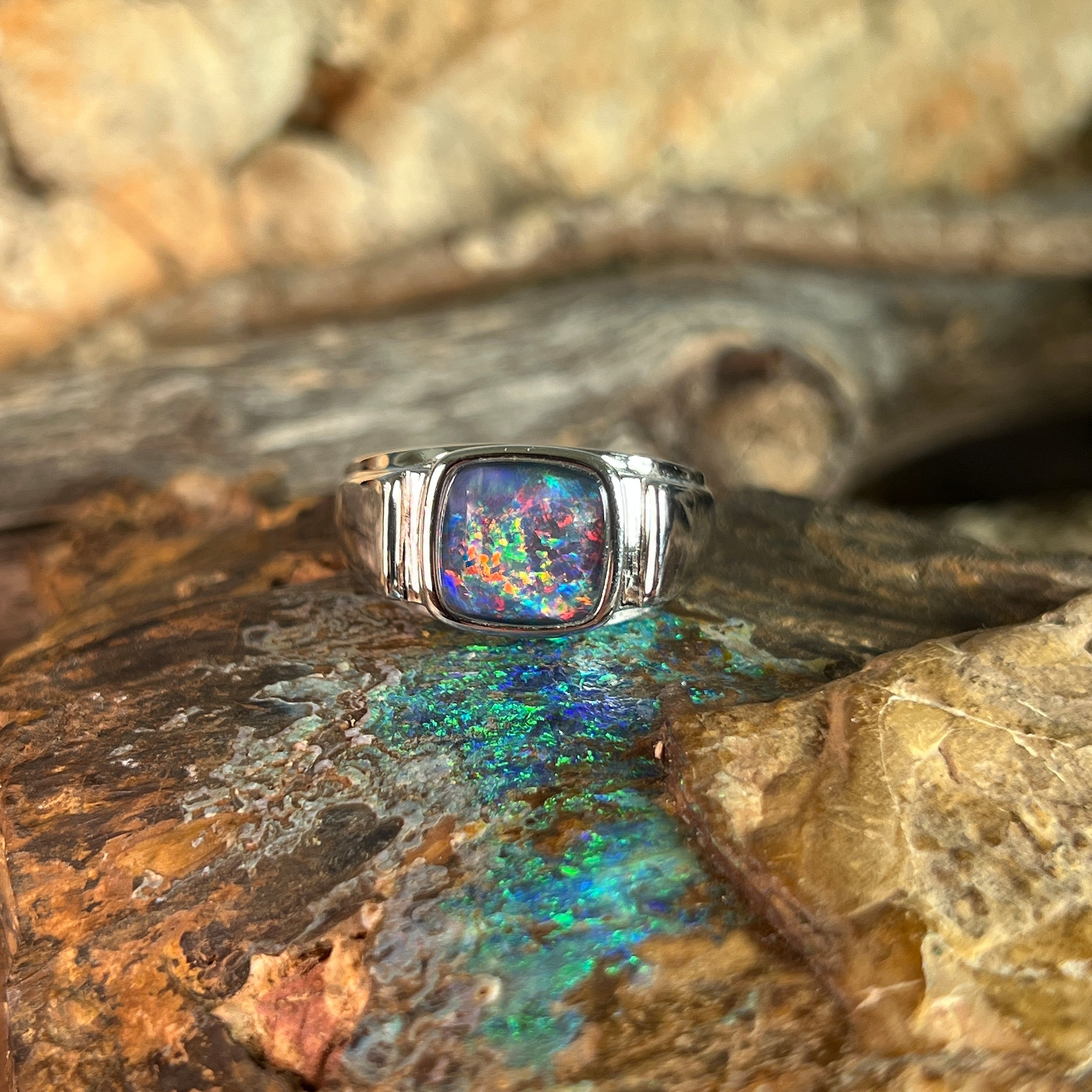 sterling silver Australian opal triplet ring with a 10mm cushion-shaped stone