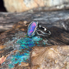 Australian opal triplet ring in sterling silver, 13 x 8mm triangular stone, size US 6.5