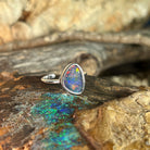red, blue and green play-of-colour in a 12.5 x 9.5mm triangular Australian opal triplet ring