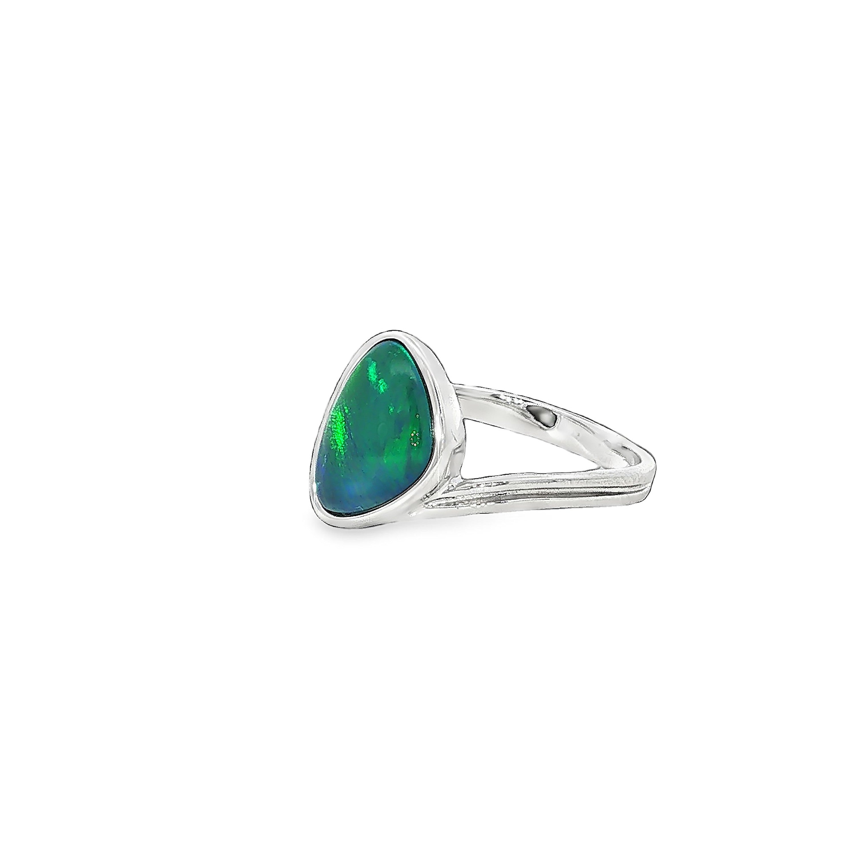 12 x 9mm triangular Australian opal triplet ring in sterling silver, blue and green