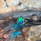 triangular Australian opal triplet ring in sterling silver, blue and green play-of-colour