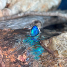 blue and green play-of-colour in a 12 x 9mm triangular Australian opal triplet ring