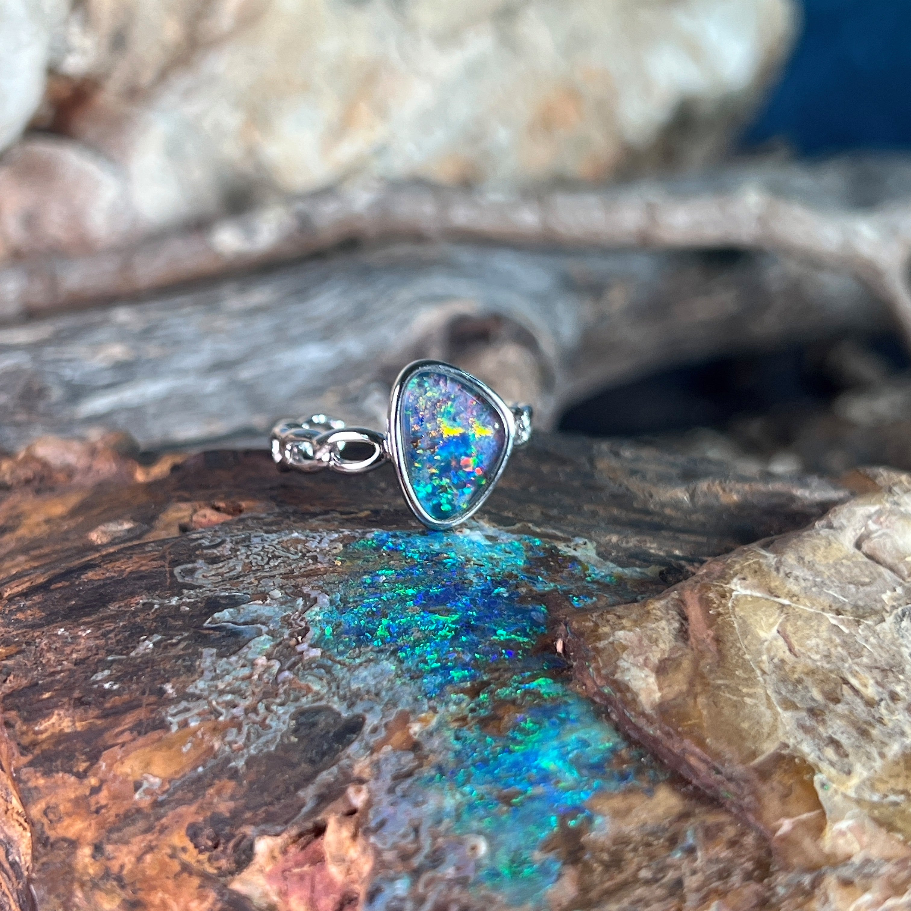 Australian opal triplet ring in sterling silver, triangular stone, ring size US 6