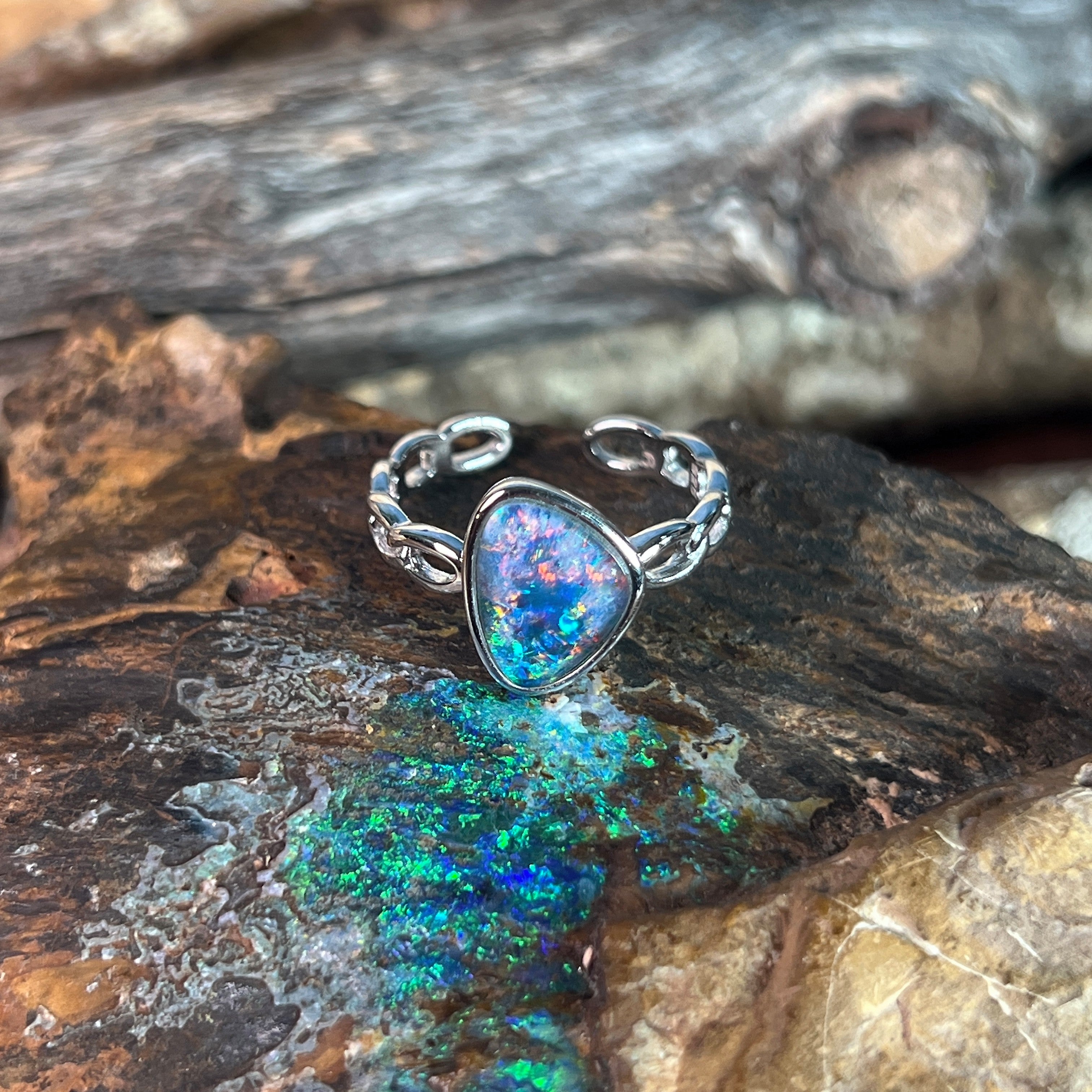 11 x 9mm Australian opal triplet ring in sterling silver, red, blue and green